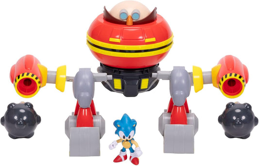 Conjunto de batalha do robô gigante Eggman do Sonic The Hedgehog, oficialmente licenciado pela Jakks Pacific, com 22,9 cm de altura, inclui o robô Eggman com canhão e uma figura do Sonic. Ideal para meninos.