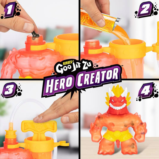 Heróis de Goo Jit Zu Hero Creator Blazagon com 3 recheios de gosma exclusivos. Misture, preencha e crie sua própria figura de ação elástica.