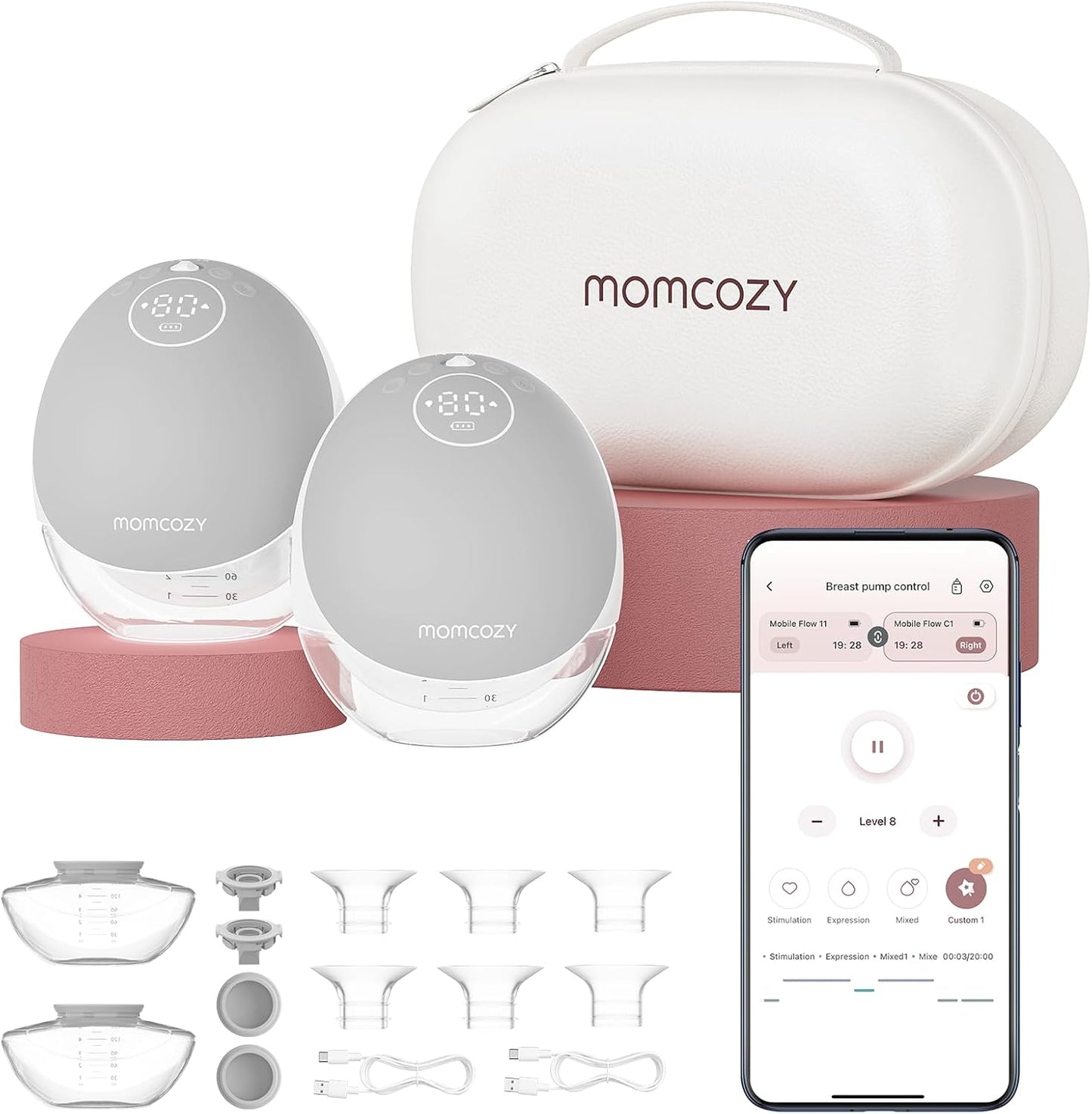 Momcozy M9 mãos livres bomba tira leite fluxo móvel | Atualização, controle elétrico e de aplicativos, multimodos personalizados e 15 níveis, bomba vestível para armazenamento direto de leite, 24 mm