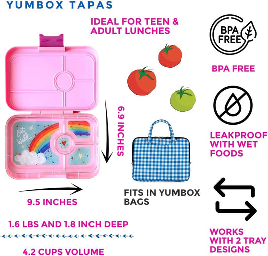 Yumbox Fiambrera Bento de Tapas de 4,2 tazas: Diseño de 4 compartimentos a prueba de fugas en Pink Rainbow Capri - Perfecto para comidas portátiles ricas en nutrientes para adultos y niños grandes