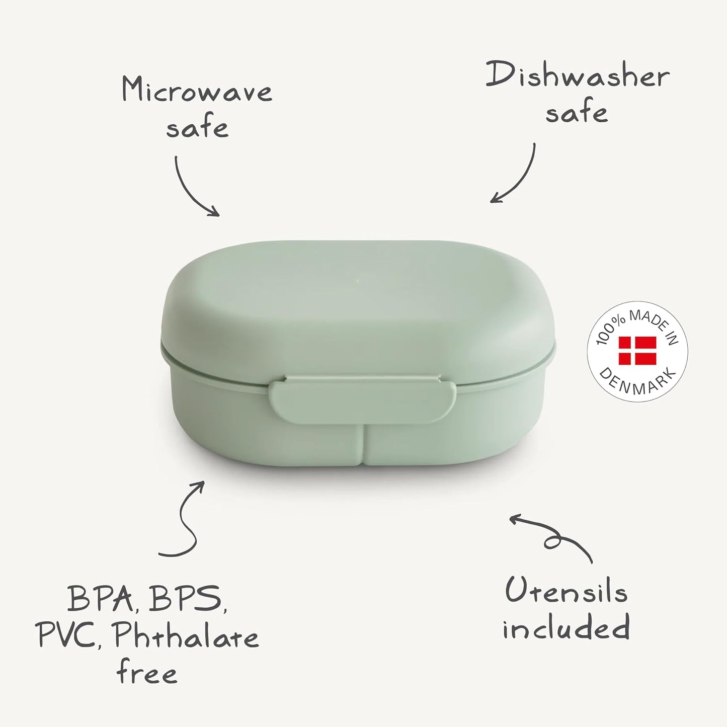 Mushie Lancheira | Lancheira infantil para jardim de infância e escola | Divisórias e compartimentos com tampas com trava | Inclui 1 conjunto de talheres (garfo e colher) | (Verde Sálvia)