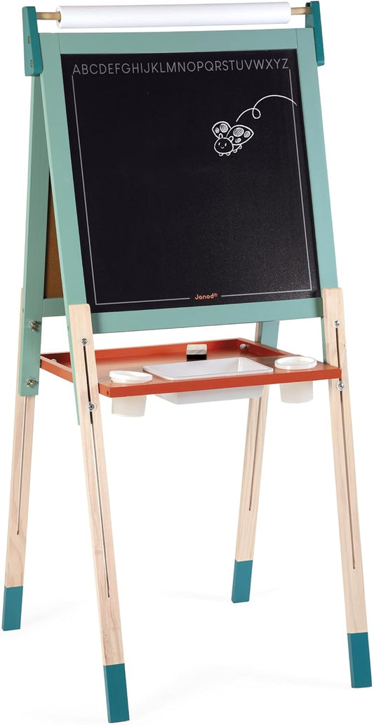 Janod - Cavalete de madeira dupla face - Evolutivo, altura ajustável - Quadro branco magnético + quadro negro + rolo de papel - 23 acessórios incluídos - A partir de 3 anos, J09625