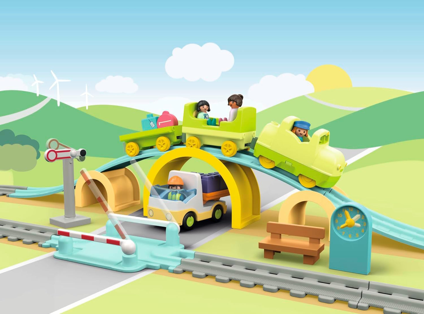 PLAYMOBIL 71593 1.2.3: Set de Tren Grande, con Coches, Barreras y Reloj, Juguete Educativo y de Desarrollo del Aprendizaje Temprano para Niños Pequeños, Set Adecuado para Niños a Partir de 12 Meses