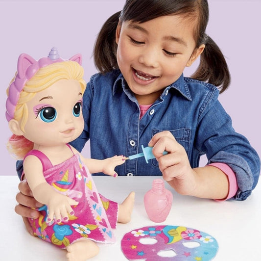 Baby Alive F3564 Baby Beauty Doll 32,5 cm Tema Unicornio Maquillaje y Uñas Mágicos, Cabello Rubio, Niños