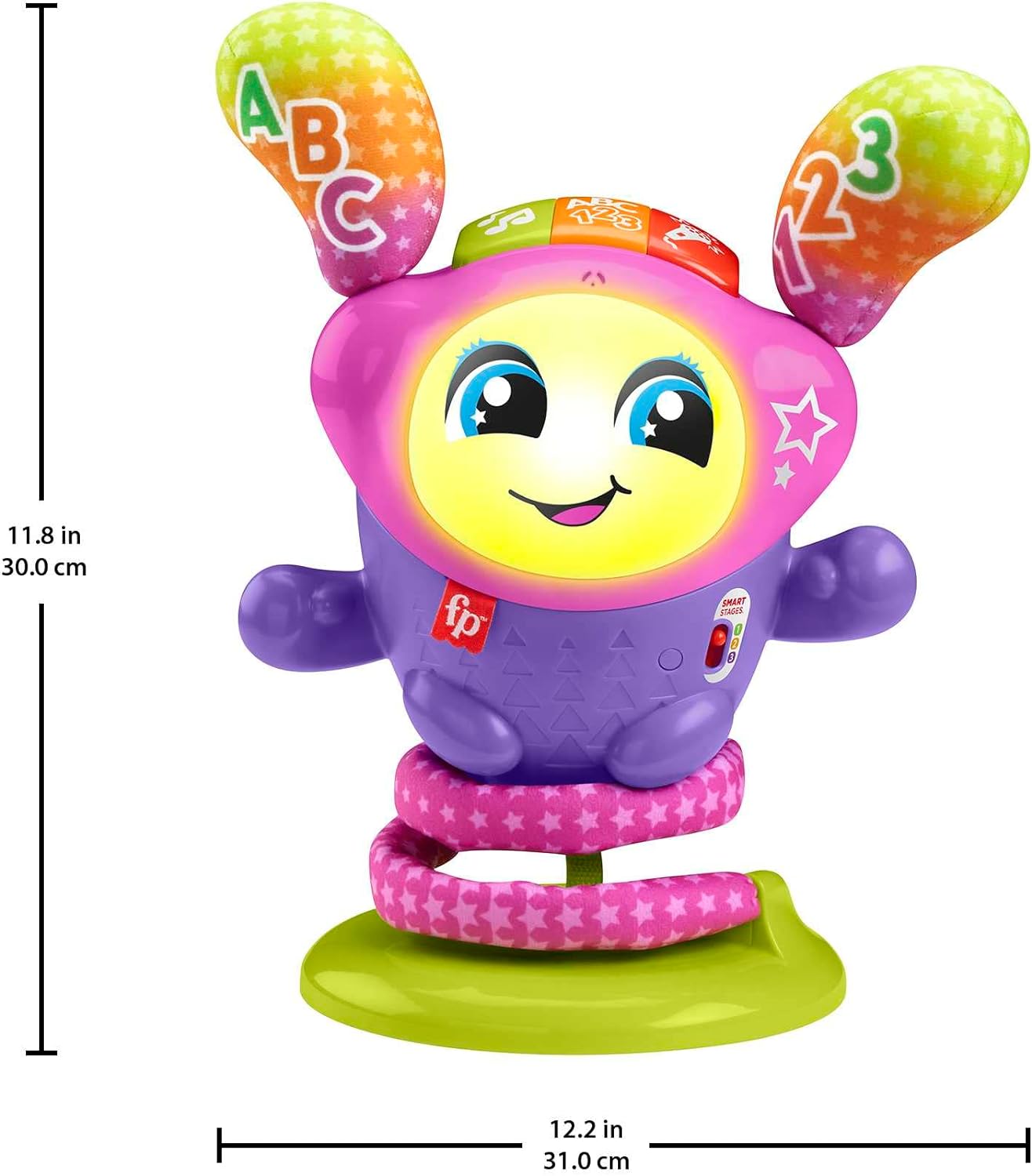 Fisher-Price Brinquedo interativo de aprendizagem para bebês e crianças pequenas com luzes musicais e ação saltitante, DJ Bouncin' Star, versão em inglês do Reino Unido, HRC48