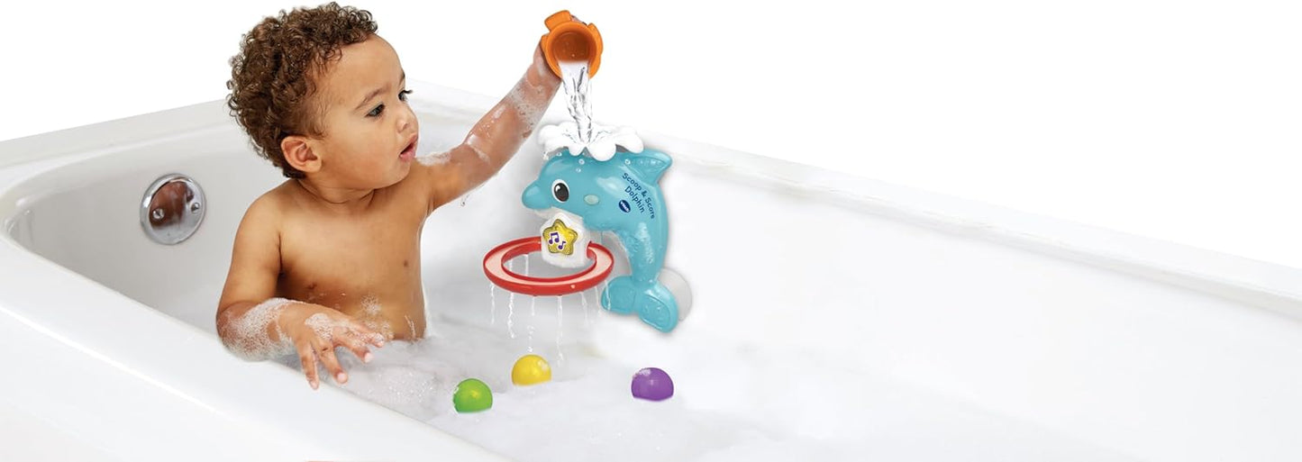VTech Scoop & Score Dolphin, Juguete de baño interactivo para niños de 1 año, Juguete de baño con aro y pelotas, luces y música, Regalo para la hora del baño para bebés y niños pequeños de 1, 2, 3 años en adelante, Versión colorida en inglés