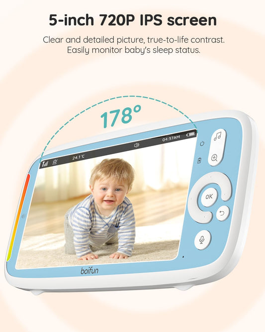 BOIFUN Monitor de vídeo para bebês com 2 câmeras, tela IPS 720P de 5 polegadas, câmera dupla 360, sem Wifi, bateria de 3050mAh, modo VOX, visão noturna invisível, áudio bidirecional, sensor de temperatura, canções de ninar, idosos, gêmeos