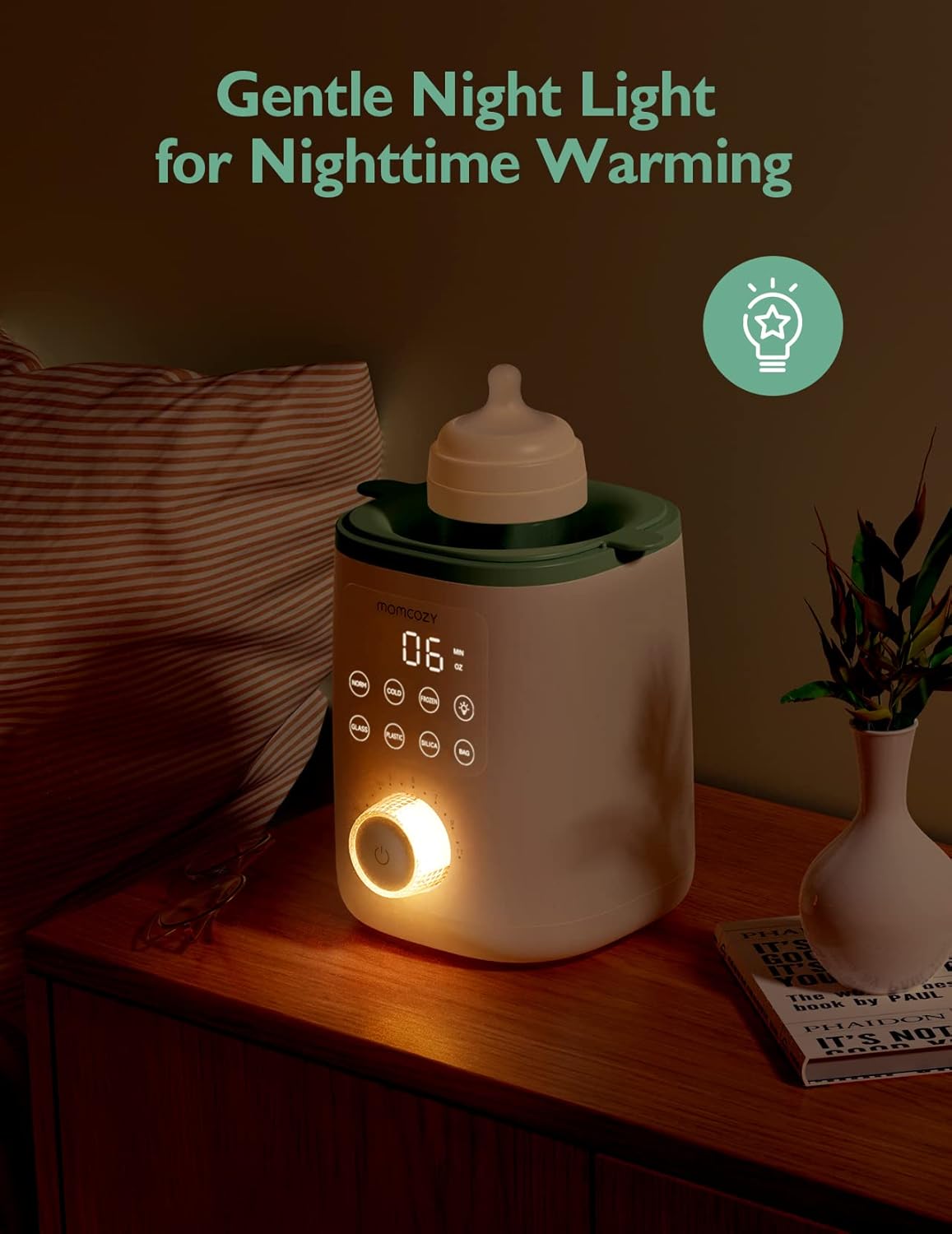 Momcozy Aquecedor de Mamadeiras para Leite Materno, Fórmula e Papinha, Aquecimento Rápido | Preservação Máxima de Nutrientes, Luz Noturna para Amamentação, Fácil de Usar com um Toque, Presente Essencial para Recém-nascidos e Mamães