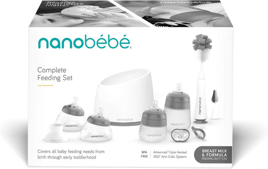 Nanobébé Kit Completo de Mamadeiras de Silicone para Leite Materno (2ª Geração) – Inclui Bicos Anticólica, Escova de Limpeza, Chupetas, Aquecedor e Adaptador para Bomba – Tamanhos 150 ml (5 oz) e 270 ml (9 oz), Cor Cinza