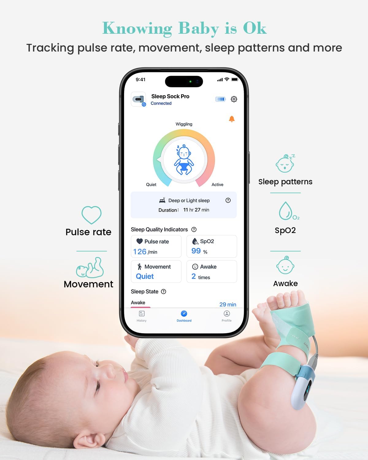 Babytone Oxímetro de pulso infantil, meia inteligente para bebês que monitora o nível de oxigênio, frequência cardíaca e movimentos