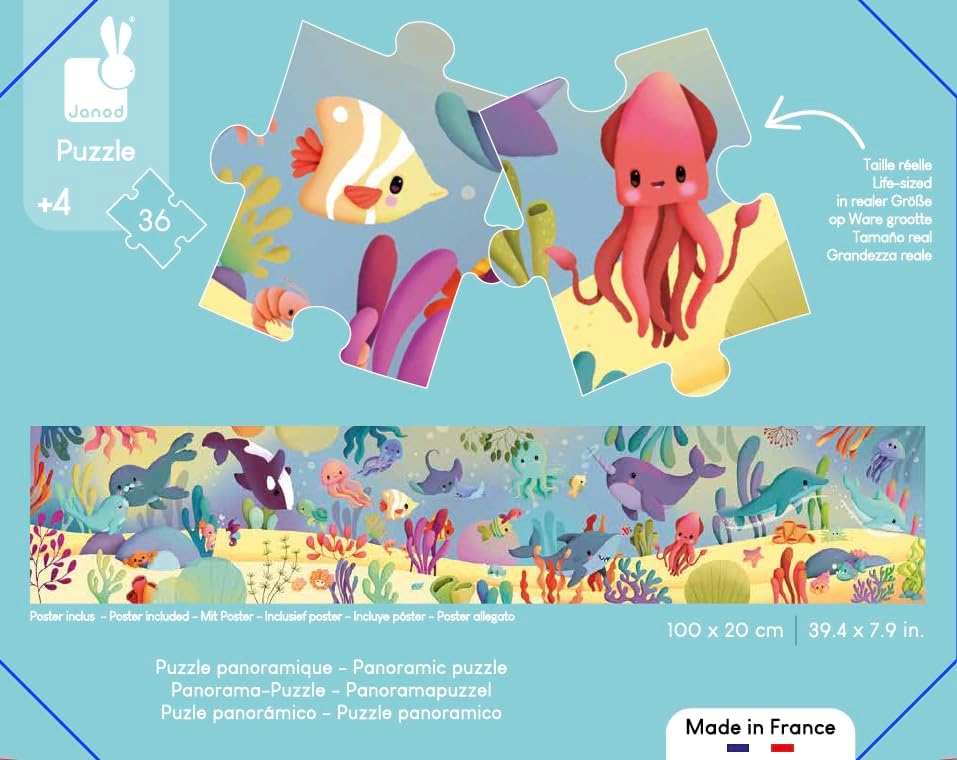 Janod - Quebra-cabeça de 36 peças - Tema Animais Marinhos - Quebra-cabeça Panorâmico Infantil - Desenvolve Paciência e Concentração - Fabricado na França - Quebra-cabeça Infantil a partir de 4 anos, J02554