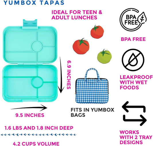 Yumbox Tapas Tamaño más grande - Fiambrera Bento a prueba de fugas con 5 compartimentos para preadolescentes, adolescentes y adultos (Bali Aqua con bandeja transparente Aqua) (BAIII202303A)