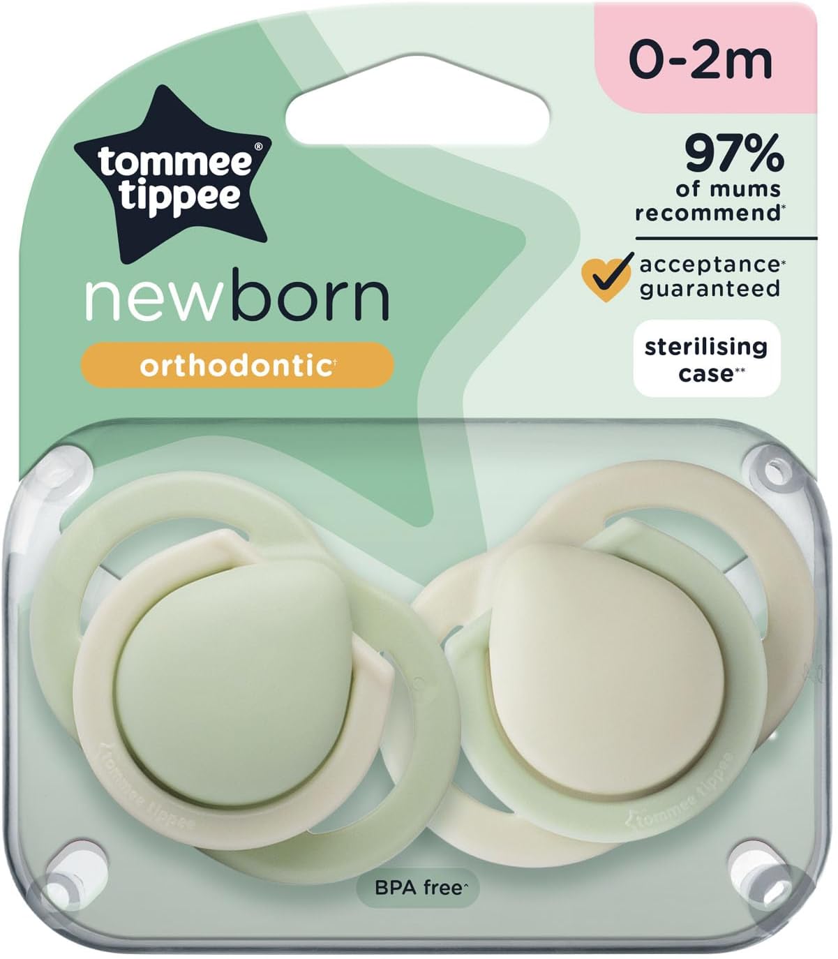 Tommee Tippee Chupetas para recém-nascidos, 0-2 meses, cores suaves, textura fosca, cápsula esterilizadora reutilizável, pacote de 6 chupetas