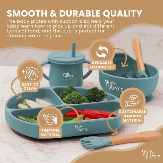Yum Yum's Conjunto de Introdução Alimentar Baby Azul com 10 Peças - Kit Completo para Alimentação Infantil com Prato Dividido, Tigelas com Ventosa, Talheres com Protetor Bucal, Copo com Canudo,