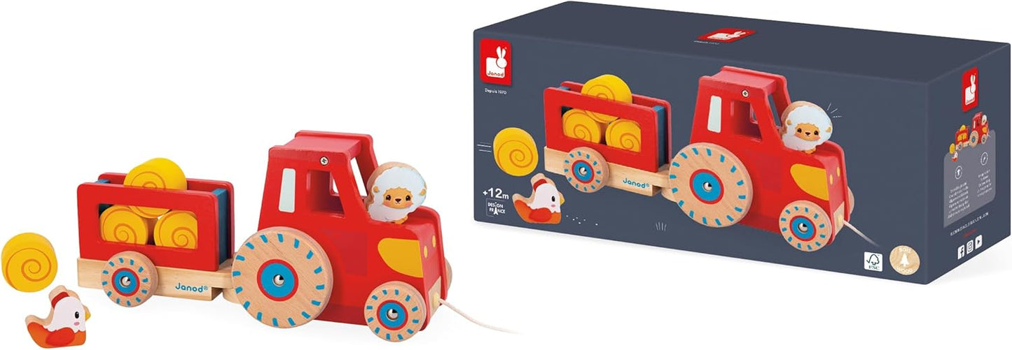 Janod - Tractor de arrastre - Juguete de aprendizaje temprano - 1 tractor para niños + 6 accesorios - Ruedas silenciosas - Desarrolla la motricidad - Juguete de madera FSC - 12 meses +