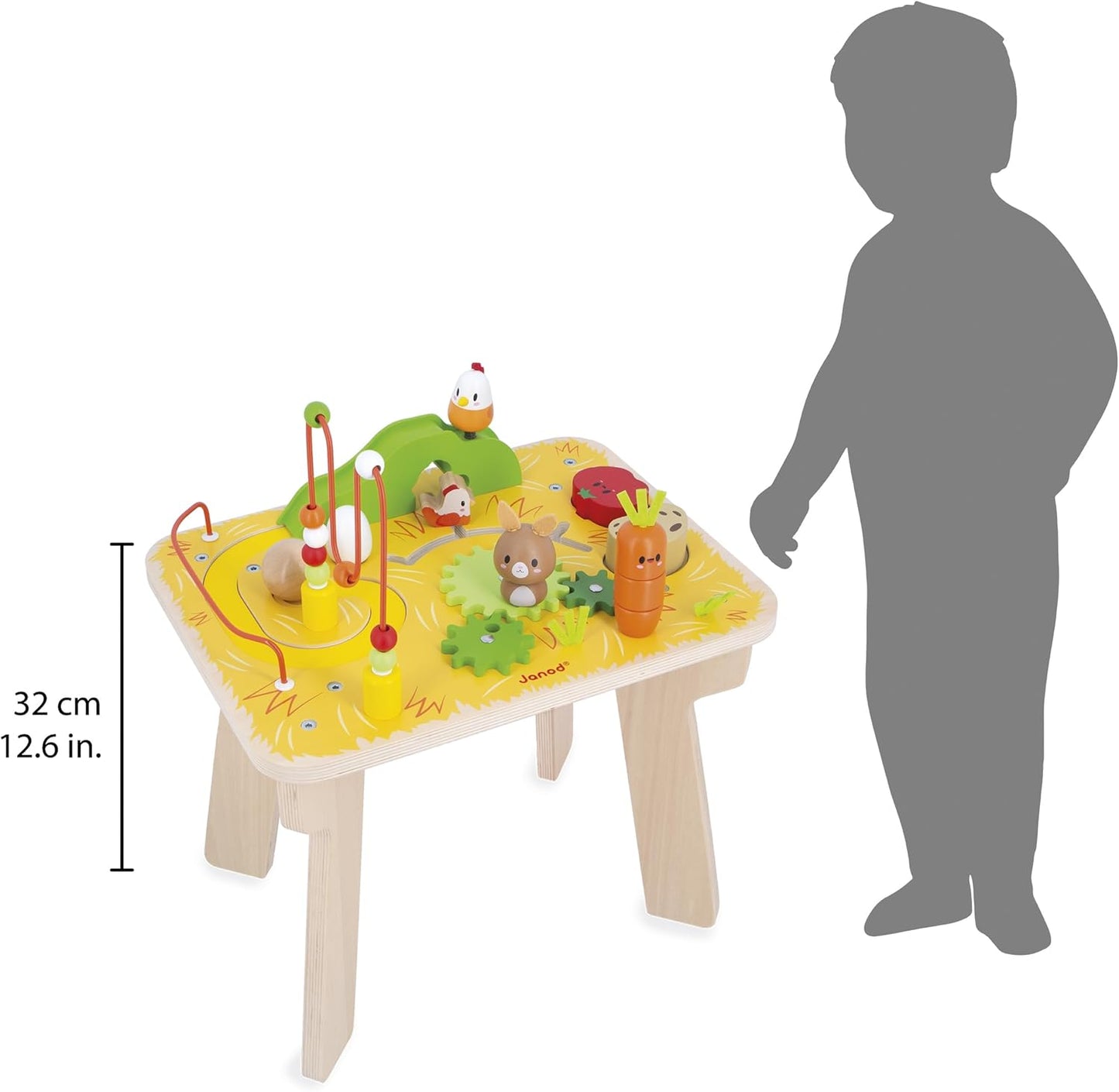Janod - Mesa de Atividades de Madeira Tema Fazenda - 8 Atividades para Crianças - Altura da Mesa 32cm - Brinquedos de Desenvolvimento - Coordenação Motora Fina - Mesa de Madeira FSC - A partir de 12 meses, J03321