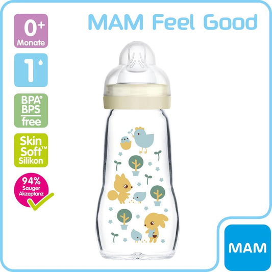 MAM Feel Good Biberones de Vidrio Pack de 2 (170 ml y 260 ml), con Tetina 1 Flujo Lento para Recién Nacidos, Unisex