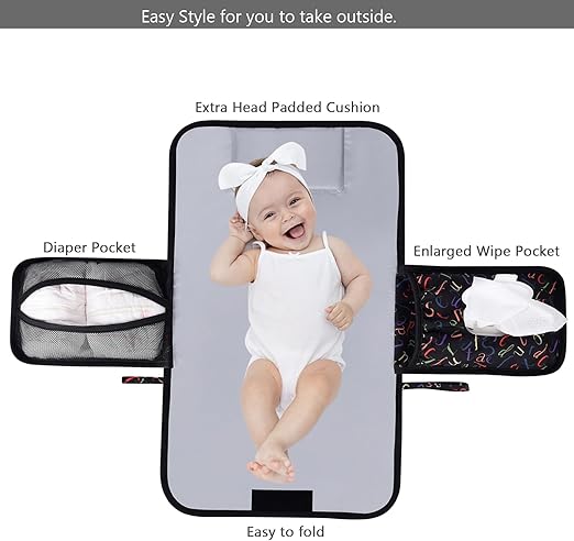 Bebamour Cambiadores de pañales portátiles con toallitas húmedas para viajes Cambiadores de bebé con almohadilla para la cabeza del bebé Cambiadores de pañales impermeables Esenciales para recién nacidos, letras impresas
