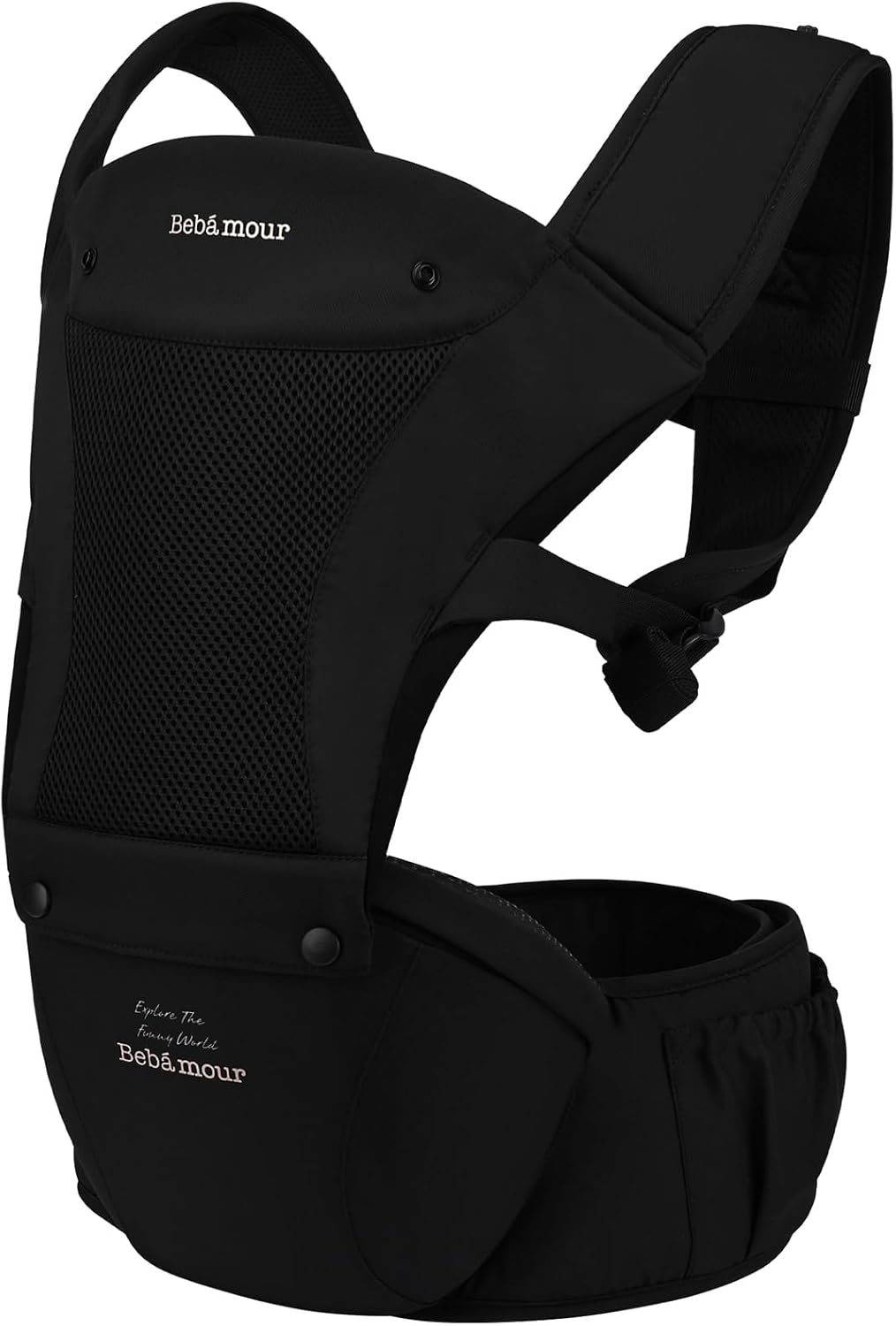 Bebamour Canguru para Bebê, para bebês de 0 a 36 meses, com assento de quadril, capuz para a cabeça, 3 protetores de dentição, extensor de cintura, preto.