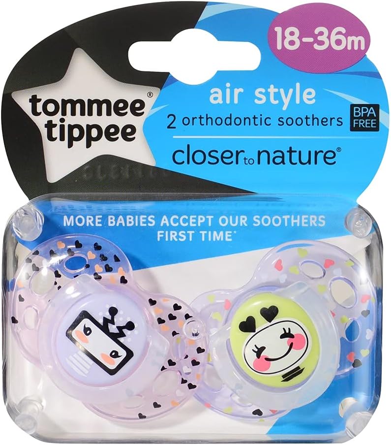 Tommee Tippee 18-36 meses mais perto da natureza chupetas ortodônticas estilo divertido, pacote de 2