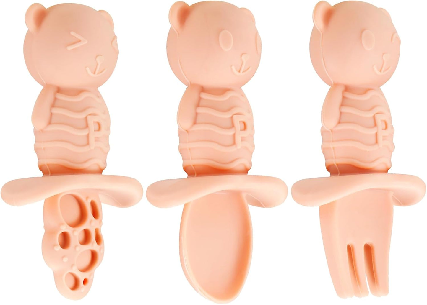 PandaEar Conjunto de prato, colher e garfo de silicone com ventosa, ideal para alimentação independente de crianças pequenas, livre de BPA, próprio para lava-louças e micro-ondas, formato de urso (rosa)
