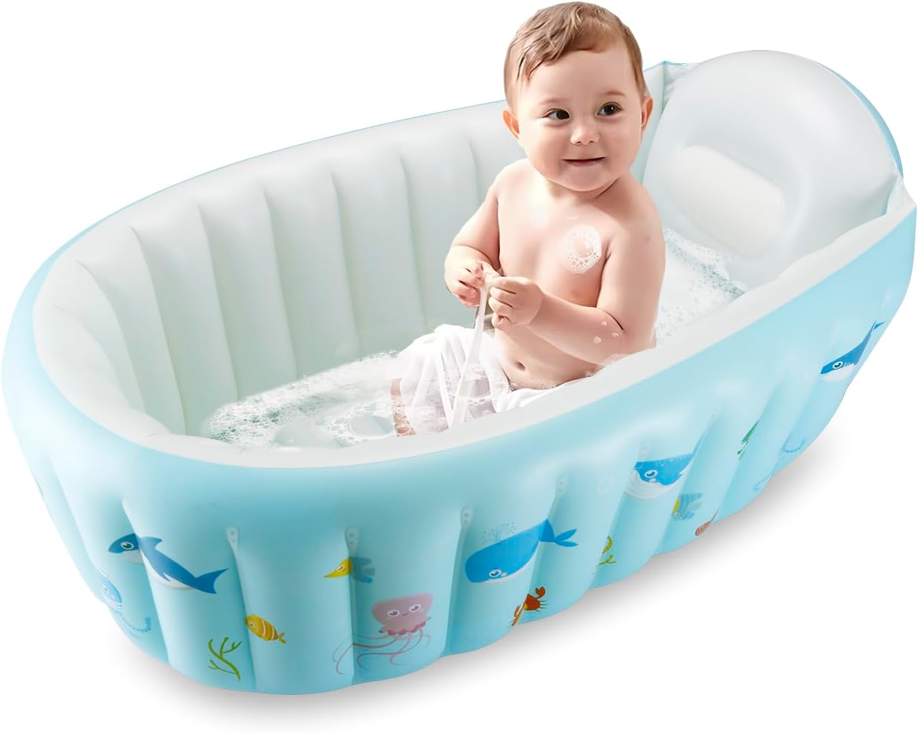 PandaEar Banheira inflável para bebês com bomba de ar, banheira portátil para crianças pequenas, banheira dobrável antiderrapante para bebês, mini piscina inflável para bebês recém-nascidos (mar)