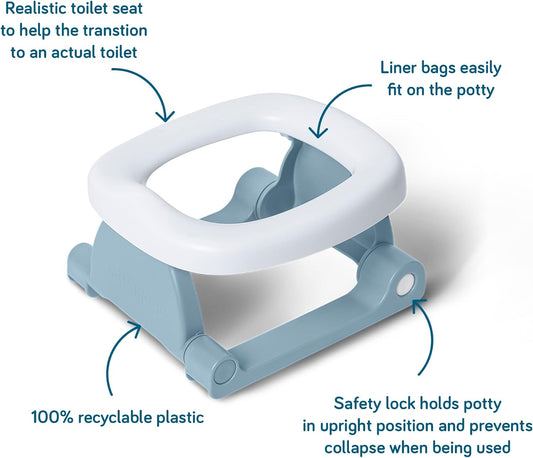 Pottiagogo | Orinal de viaje galardonado para niños | Incluye 20 orinales desechables biodegradables | Fácil de usar | Mecanismo único perfecto para aprender a ir al baño | Gris guijarro