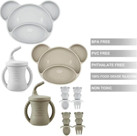 PandaEar Conjunto de Introdução Alimentar para Bebês com 8 Peças, Conjunto de Alimentação de Silicone para Bebês, 2 Pratos Divididos com Ventosas para Bebês em Fase de Introdução Alimentar, 2 Copos de Treinamento para Crianças Pequenas,
