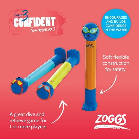 Zoggs Dive Sticks juguetes para piscina, varillas de inmersión para generar confianza, juguetes seguros para la piscina, varillas de buceo para divertirse nadando, juguetes de natación Zoggs para niños, azul/lima/naranja (paquete de 3)
