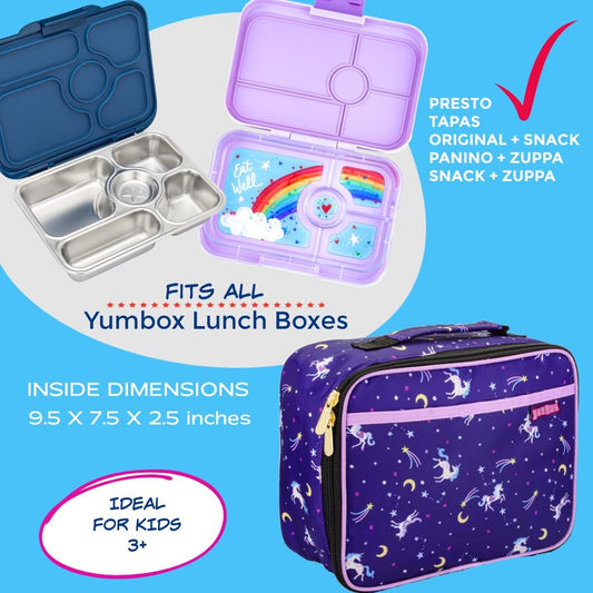 Fiambrera aislante Yumbox para niños: ligera y duradera; bolsillos exteriores/interiores; 10,25x8x4 pulgadas; Fácil limpieza; Fiambrera perfecta para niñas; Estampado de unicornio morado