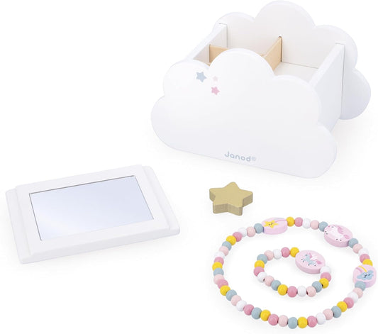 Janod - Caixa de joias com aberturas secretas - Acompanha 1 pulseira de unicórnio e 1 collie de unicórnio - Com gaveta e espelho - 17 cm x 11 cm A partir de 3 anos - J06462