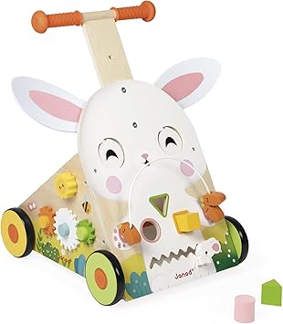 Janod - Carrinho de atividades multiuso para fazenda - Carrinho de madeira para empurrar - 9 atividades - Sistema de freio patenteado e rodas silenciosas - Brinquedo evolutivo para crianças - A partir de 12 meses - J03326