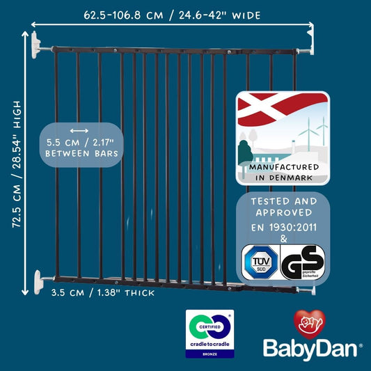 BabyDan MultiDan, 62,5-106,8 cm/24,6-42 pulgadas, Puerta de escalera extensible/Puerta para bebés/Puerta de seguridad, Metal, Negro, Hecho en Dinamarca - (Puerta para mascotas/Puerta para perros)