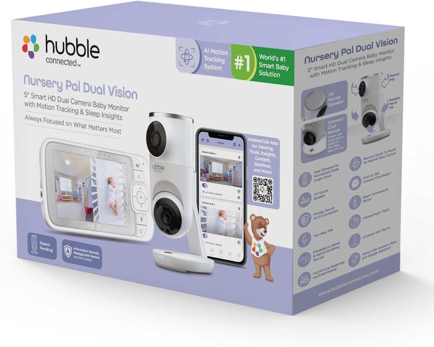 HUBBLE CONNECTED Monitor de bebê com câmera dupla inteligente de visão dupla, tela HD de 5", Nursery Pal Remote Pan Tilt Zoom, conversa bidirecional, rastreamento de movimento AI, visão noturna, sensor de temperatura ambiente, câmera WiFi para bebê