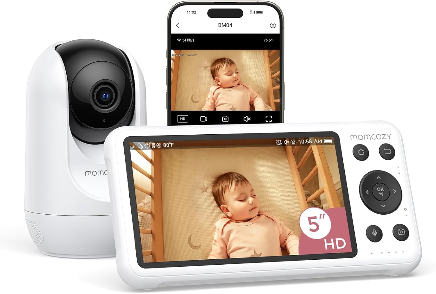 Momcozy Babá eletrônica Smart WiFi com câmera e áudio, tela de 5