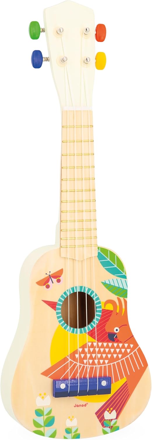 Janod - Cavaquinho Ukulele de madeira Gioia - Instrumento musical infantil - Brinquedo de despertar musical - Tinta à base de água - 3 anos +,
