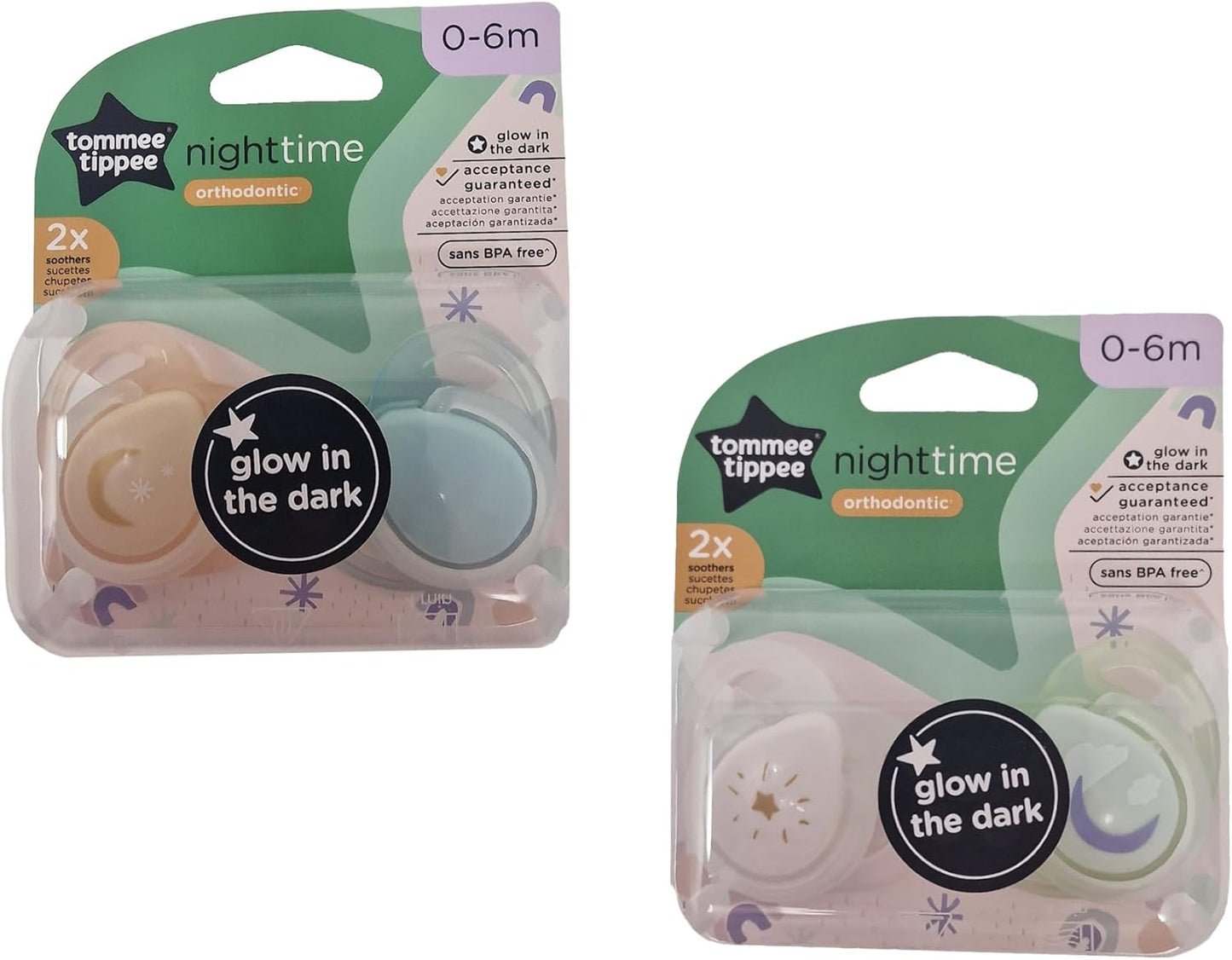 Tommee Tippee Night Time Ortodôntico Pacote de 2 Chupetas 0-6m Design Sortido UMA Selecionada Aleatoriamente