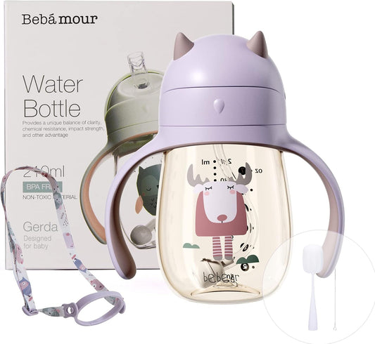 Bebamour Vaso para sorber 6-36 meses Vaso con pajita antiderrames para niños Embotellador de agua a prueba de derrames Vaso con boquilla suave para niños, sin BPA, PPSU, 210 ml, morado