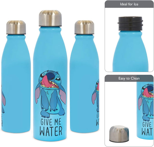 Disney Garrafa de água de alumínio Stitch 600ml – Produtos oficiais da Polar Gear, reutilizável para crianças, sem derramamento, sem BPA, reciclável – ideal para piquenique esportivo de creche escolar – multicolorido, azul