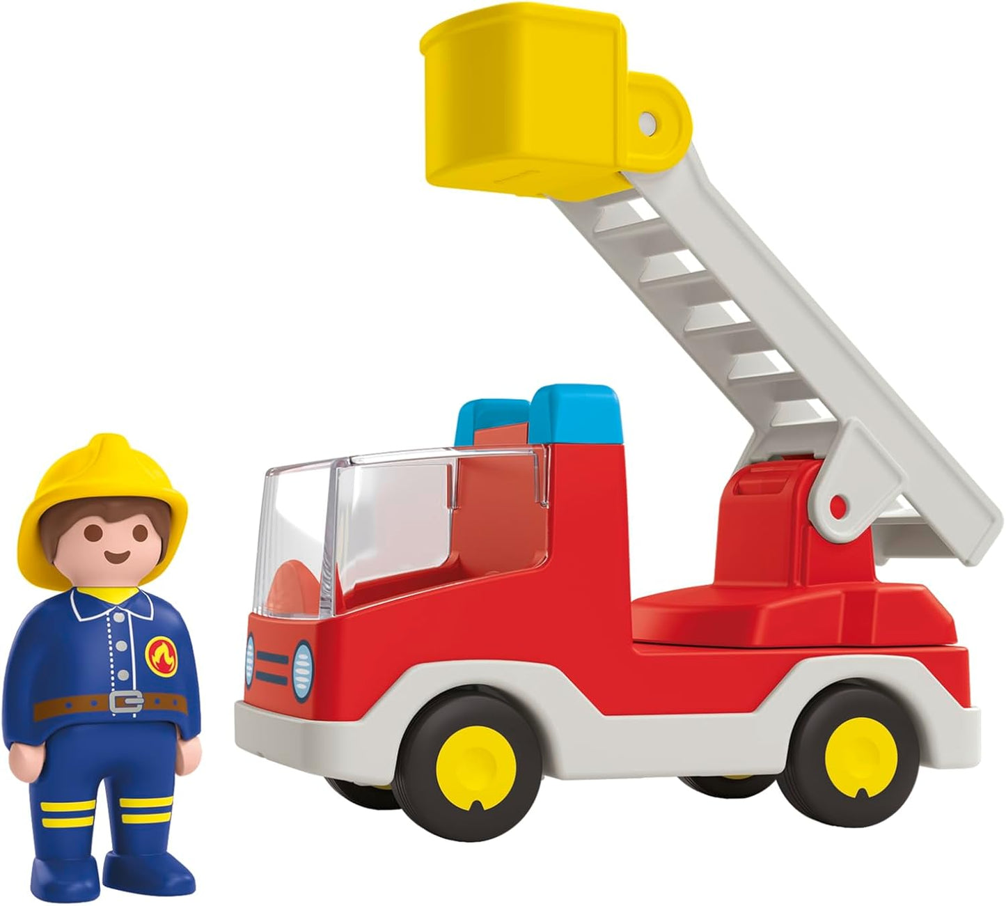PLAYMOBIL 71683 JUNIOR: Carro de bombeiros com escada, com escada extensível e bombeiro, brinquedo sustentável feito de plástico de origem vegetal