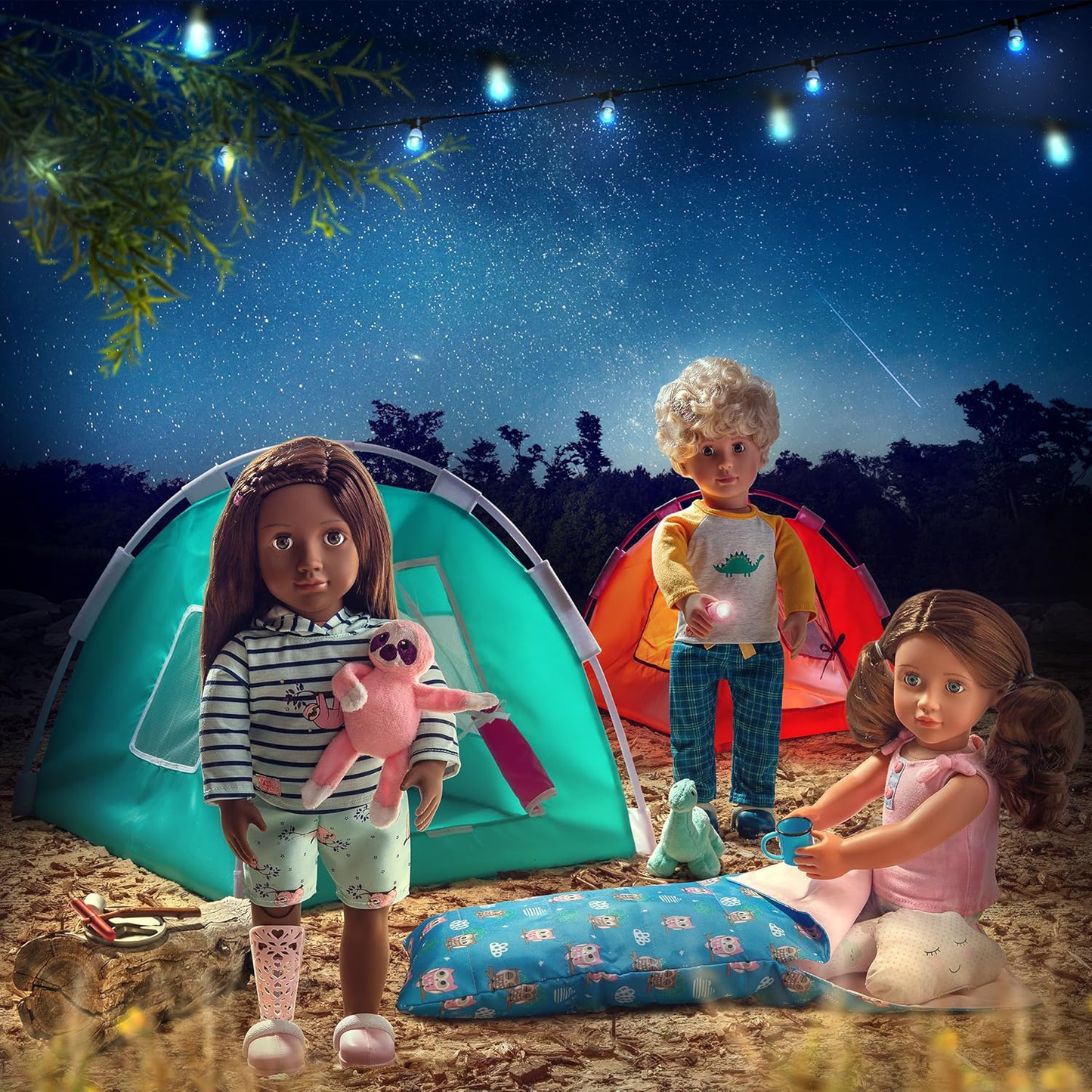 Our Generation Night Camp – Tenda de fácil montagem e acessórios de campismo para bonecas de 45 cm – Conjunto de campismo com 21 peças