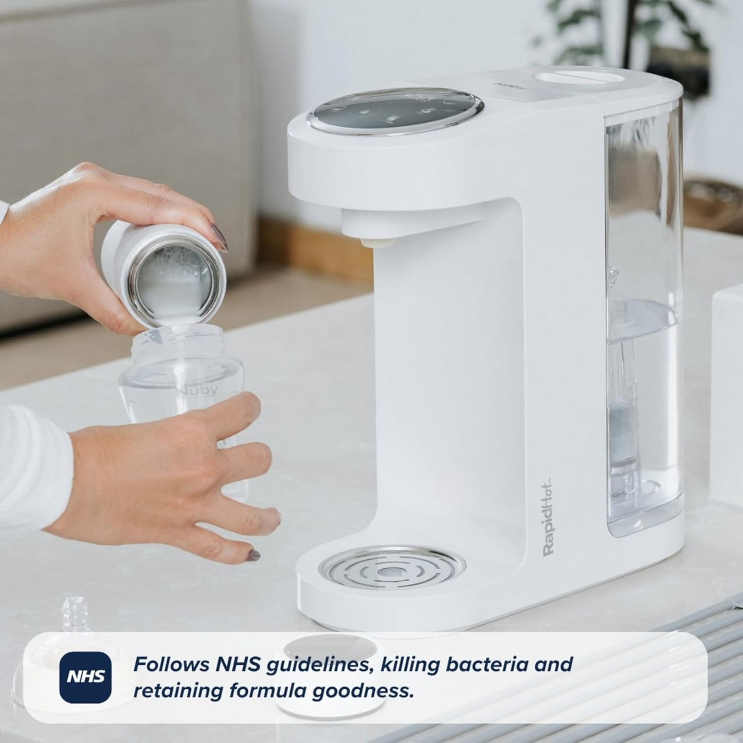 Nuby RapidHot Baby Preparador de Mamadeiras | Volumes e temperaturas predefinidos | Segue as orientações do NHS (branco)