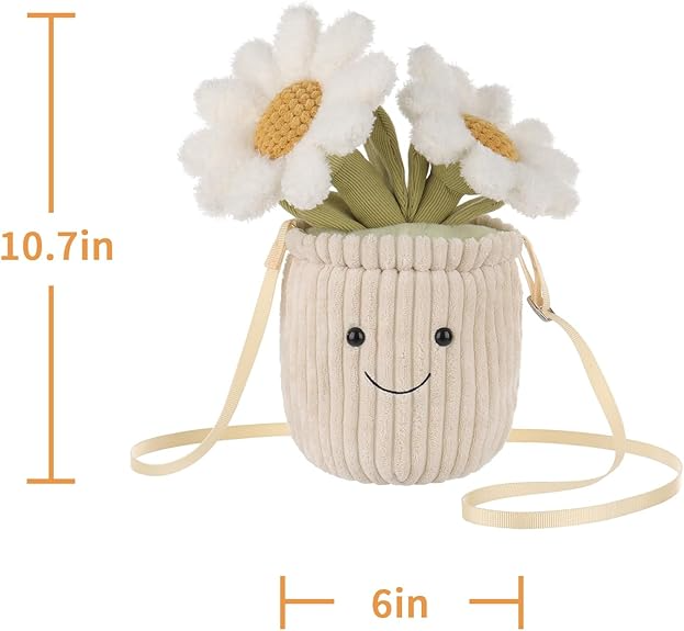 Bolsa de ombro com flor de margarida em vaso de cordeiro damasco, bolsa de pelúcia transversal para adultos e adolescentes, meninos e meninas, bolsa de ombro de bicho de pelúcia, bolsas de moda para crianças e adultos, 10,7 polegadas