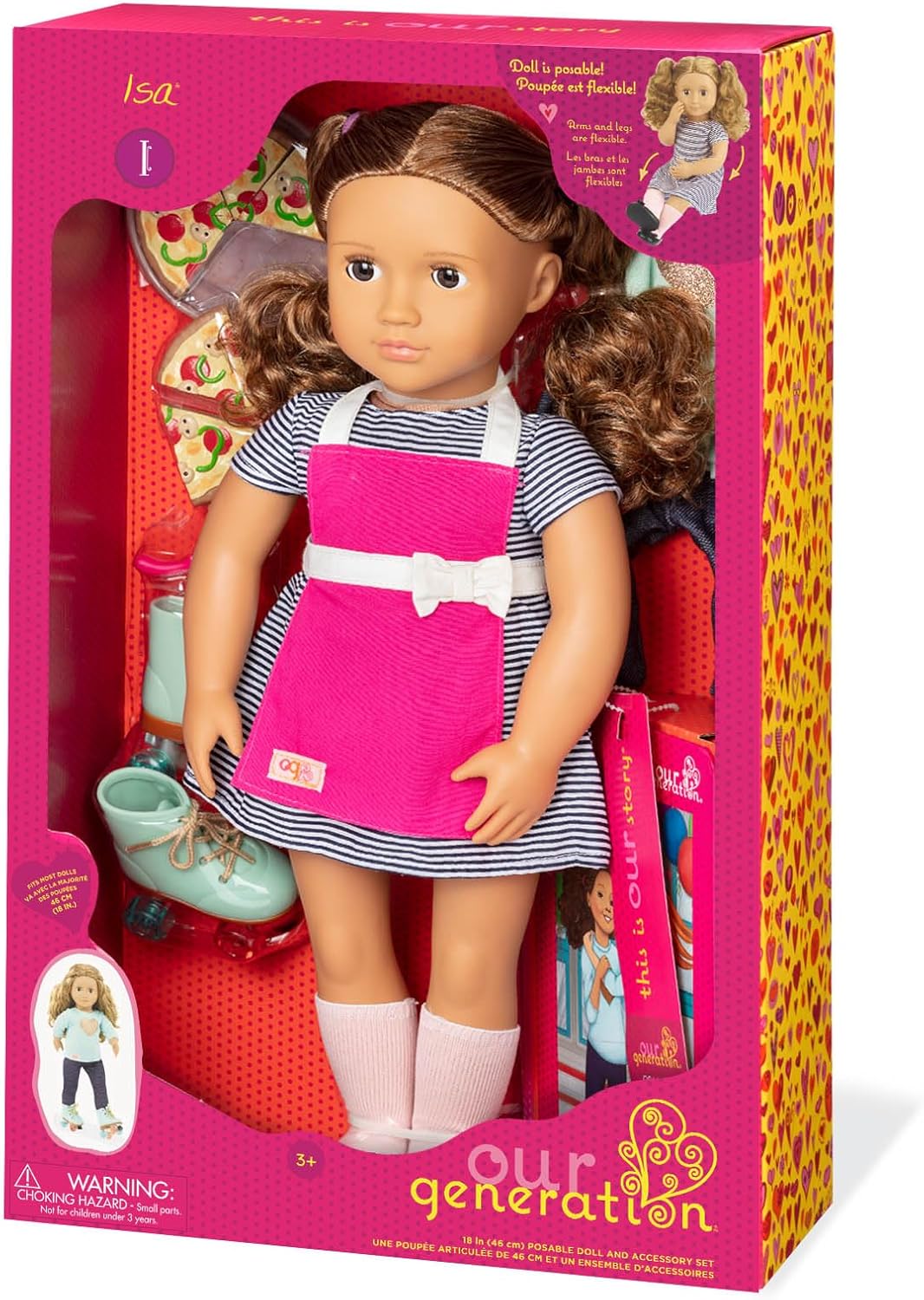 Bonecas Our Generation Isa - Adorável boneca empregada de pizza de 46 cm com cabelo para escovar, livro de histórias, roupas e acessórios | Bonecas saudáveis para meninas dos 3 aos 10 anos para se vestirem e brincarem com a imaginação