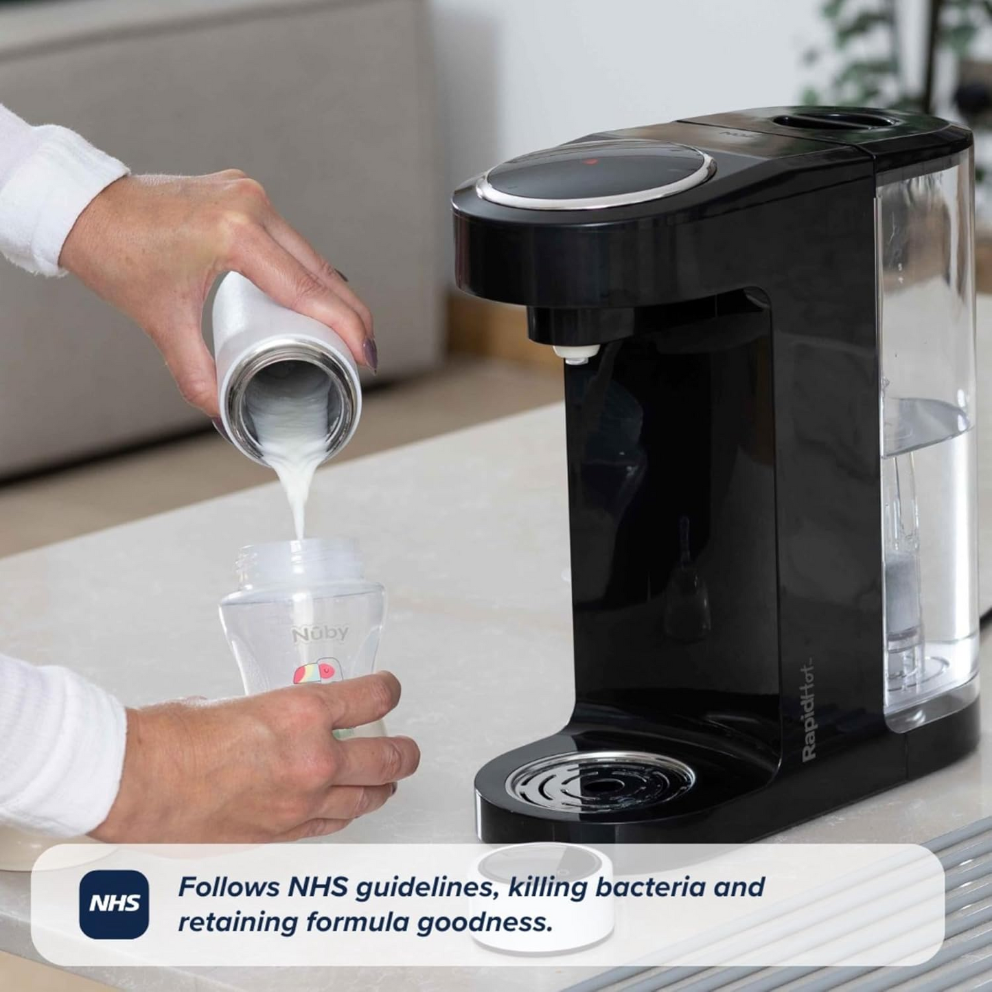 Nuby RapidHot Baby Bottle Maker, feito para RapidCool – Água a ferver instantânea | Volumes e temperaturas predefinidos | Segue as orientações do NHS (preto)