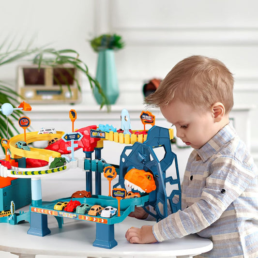 RedCrab Conjunto de Brinquedo Infantil com Carrinhos Espaciais, Rampa, Pista Sinuosa, Colina dos Dinossauros, Luzes e Música, 4 Mini Carros e Mapa para Meninos e Meninas a partir de 3 Anos