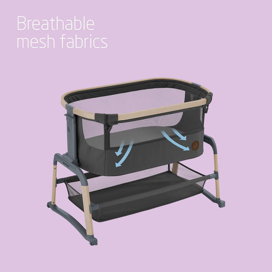 Maxi-Cosi Berço Iora Air Co Sleeper, berço de cabeceira de malha versátil, 0–6 meses (9 kg), modo de balanço, 4 posições de inclinação e 5 posições de altura, deslizamento fácil, fácil de transportar, Eco Care, 2 rodas, além Grafite