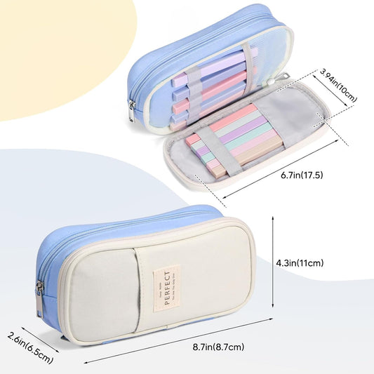 Artline Estuche Grande para Lápices para Niñas y Niños, Estuche de Gran Capacidad, Bolsa de Maquillaje, Lindo Estuche con Compartimentos - Organizador de Papelería Grande Estético para Niños, Mujeres, Hombres, Adolescentes, Estudiantes, Azul/Verde