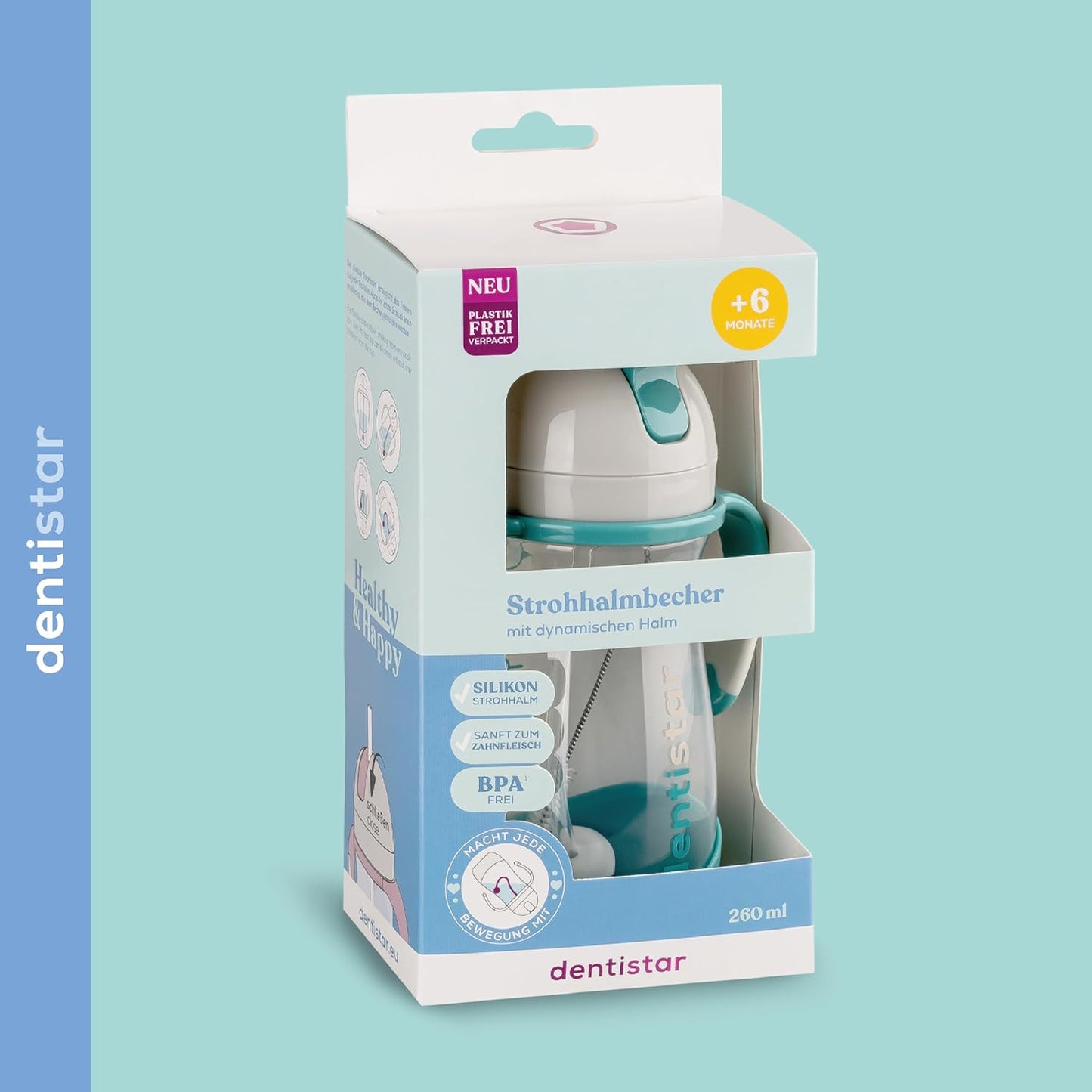 Dentistar Copo de palha 260 ml, copo reutilizável à prova de vazamentos com canudo para maiores de 6 meses, copo para bebê com canudo pesado e escova de limpeza, materiais sem BPA - hortelã