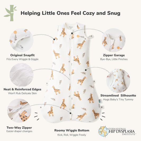 momcozy Saco de dormir para bebê, 0-6 meses, 1.5 TOG, com ajuste por botões de pressão, zíper duplo, tecido macio de bambu, estampa de girafa, tamanho P